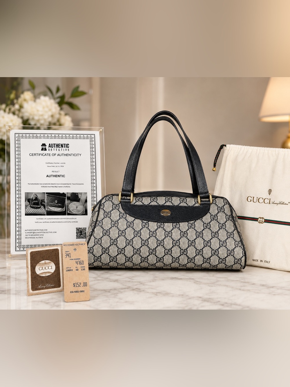 Gucci Black & Gray Monogram Top-Handle Bag